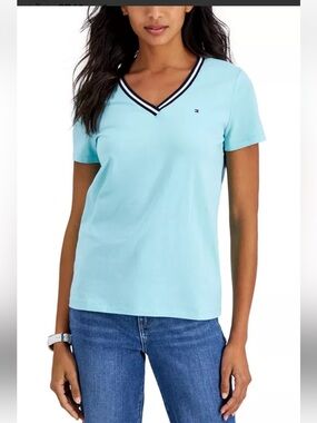 Tommy Hilfiger Baby Blue V-Neck Tee with Contrast Stripe